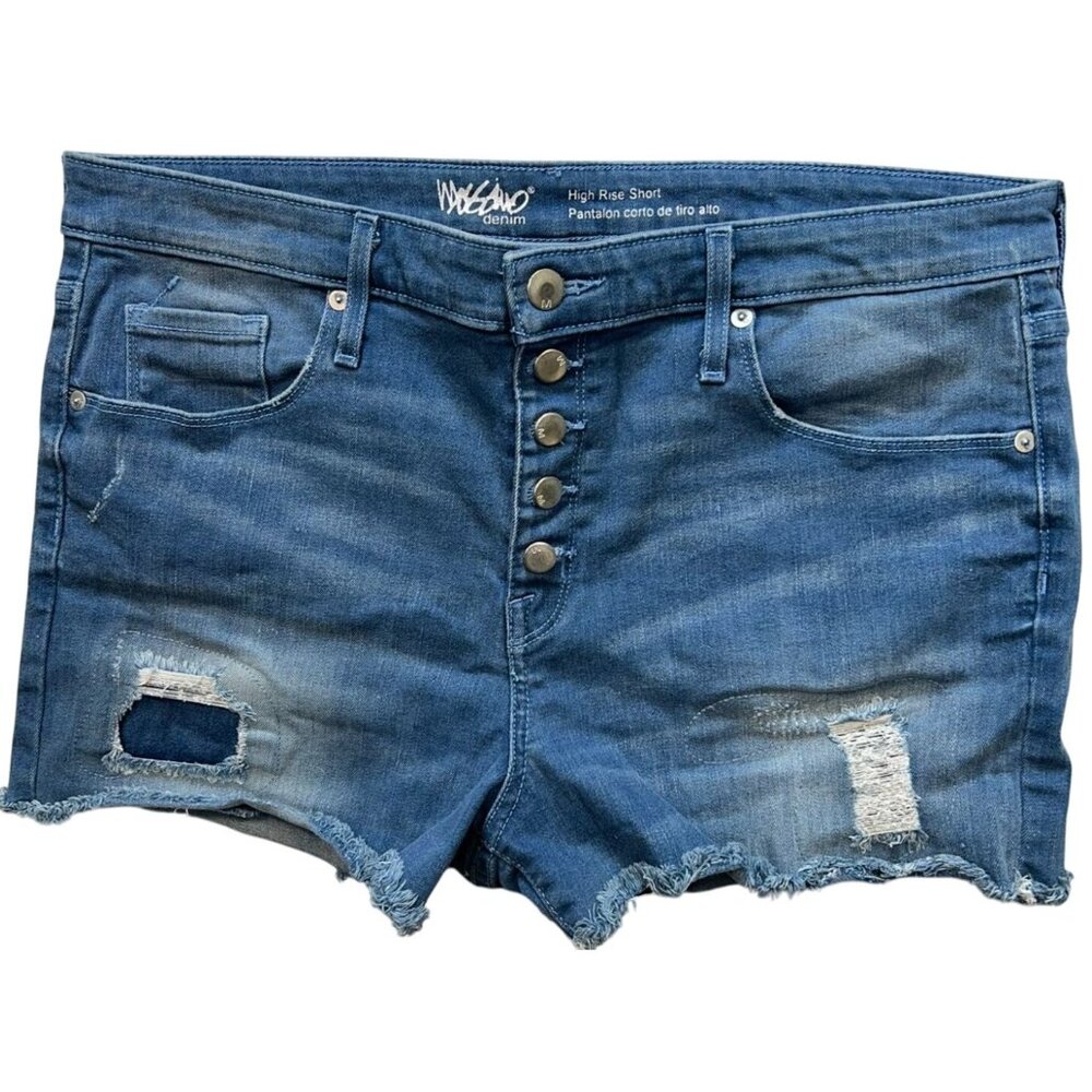 Mossimo Womens Button-Fly Jean Shorts Raw Hem Denim Sz 16 Blue Stretch High Rise